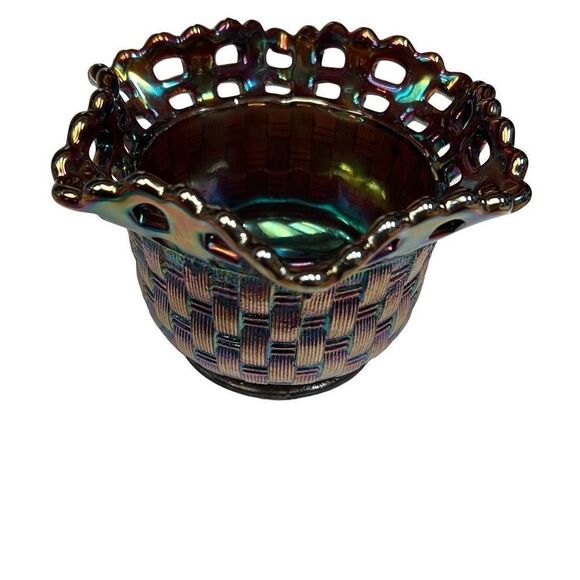 Vintage Fenton Amethyst Carnival Glass Bowl Basket Weave Candy Dish - Picture 9 of 12